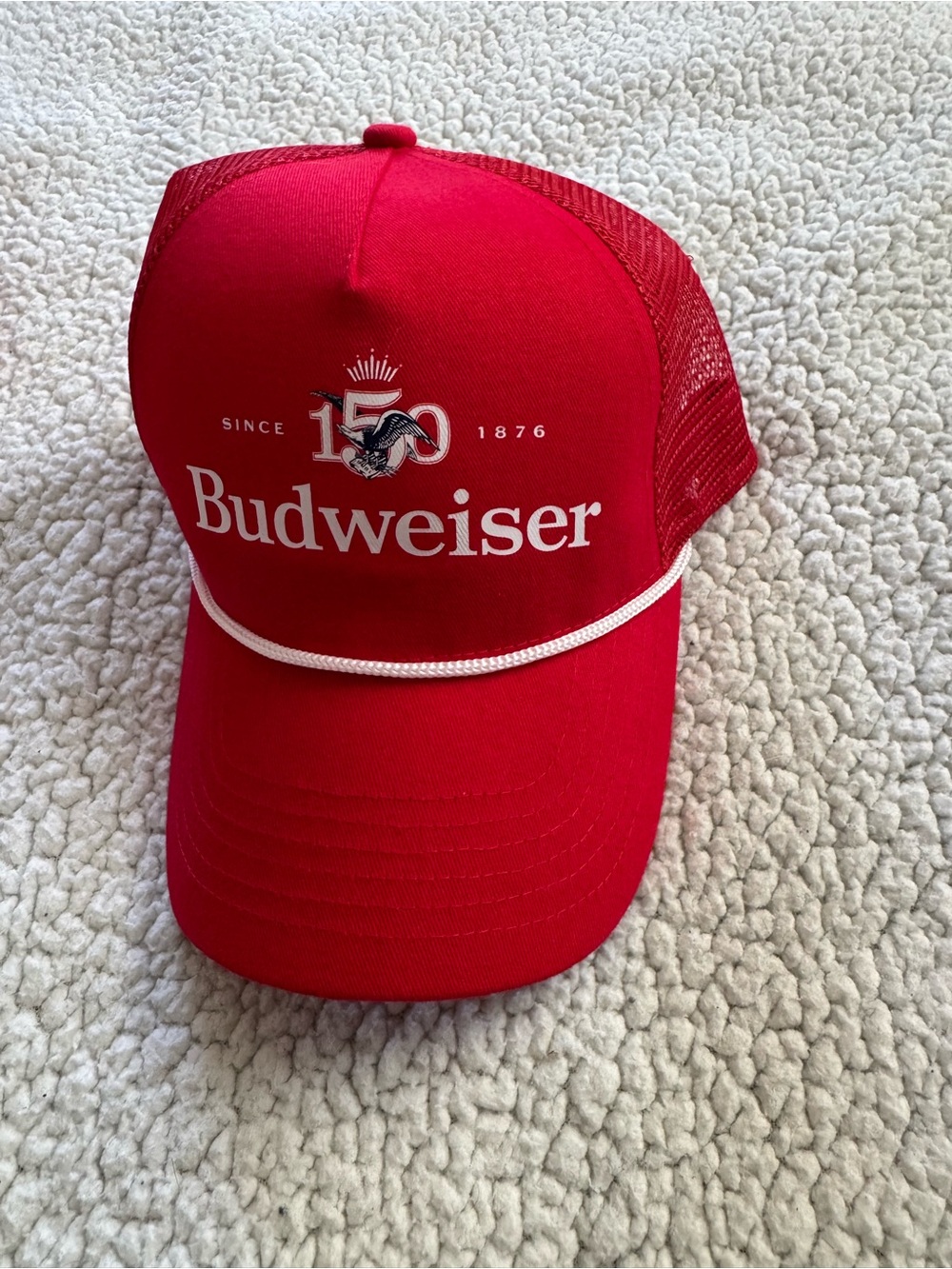 Budweiser 150th Anniversary Red Trucker Hat with White Rope Accent